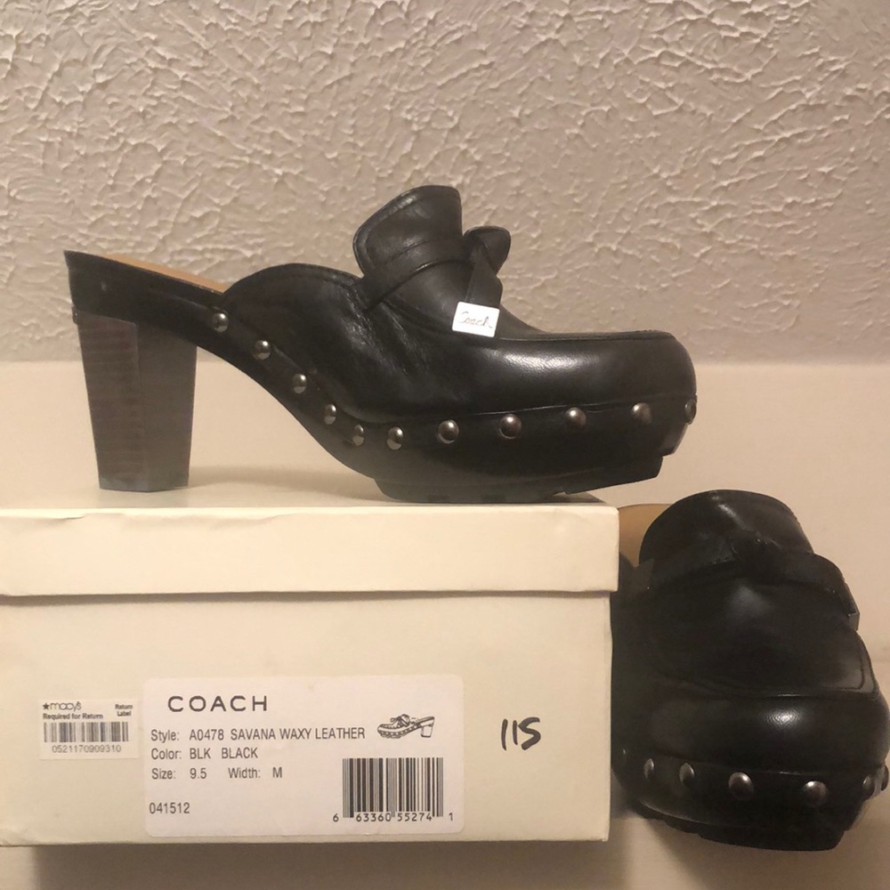 Coach black leather clogs.